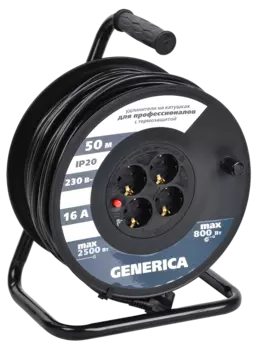 Удлинитель на катушке IEK GENERICA, 4-розетки, 50м, черный (WKP20-16-04-50-G)