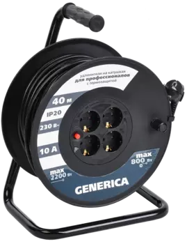 Удлинитель на катушке IEK Generica УК40 , 4-розетки, 40м, черный (WKP10-10-04-40-G)