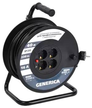 Удлинитель на катушке IEK Generica УК40 , 4-розетки, 40м, черный (WKP20-16-04-40-G)