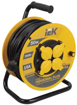 Удлинитель на катушке IEK Industrial Plus УК50, 4-розетки, 50м, желтый/черный (WKP15-16-04-50-44)