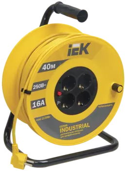 Удлинитель на катушке IEK Industrial УК40, 4-розетки, 40м, желтый/черный (WKP15-16-04-40)
