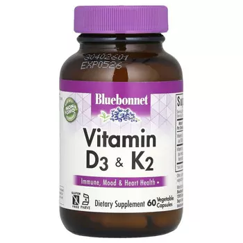 Bluebonnet Nutrition, витамины D3 и K2, 60 вегетарианских капсул