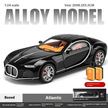 Модель автомобиля Bugatti Atlantic Alloy в масштабе 1/24, с подсветкой и аутентичными звуками, идеальный подарок для детей и автолюбителей чёрный/серебряный