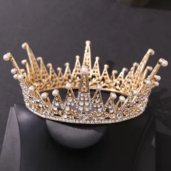 Круглая корона со стразами в европейском стиле и жемчугом, роскошная корона в стиле барокко сусальным золотом и кристаллами, свадебные аксессуары, корона
