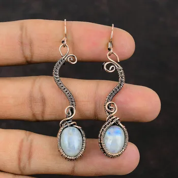 Радужные серьги с лунным камнем, серьги из медной проволоки, ювелирные изделия ручной работы с лунным камнем, серьги с драгоценными камнями, медная проволока, завернутая в ювелирное изделие, подарок для нее