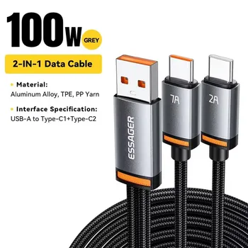 Essager 7A 100W USB Type C кабель 2 в 1 быстрая зарядка кабель для iPhone 16 15 14 13 12 Pro Max Huawei Honor Macbook проводной кабель A-C+C 1m чёрный