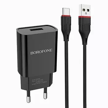 Сетевое зарядное устройство Borofone BA20A Sharp 10 Вт, USB, 2.1А, черный (124279), кабель USB Type C