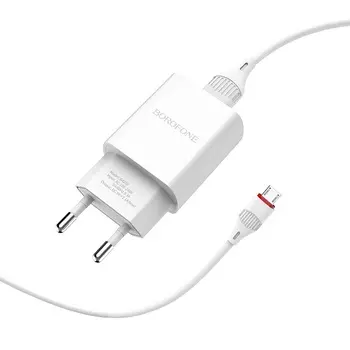 Сетевое зарядное устройство Borofone BA20A Sharp, 1USB, 2.1A, белый (00735), кабель microUSB