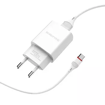Сетевое зарядное устройство Borofone BA20A Sharp, 1USB, 2.1A, белый (6931474700742), кабель USB Type C