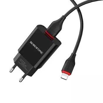 Сетевое зарядное устройство Borofone BA20A Sharp, 1USB, 2.1A, черный (02128), Lightning 8pin