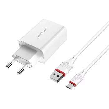 Сетевое зарядное устройство Borofone BA21A Long journey 18W, 1USB, Quick Charge, 3A, белый (02487), кабель USB Type C