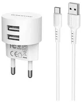 Сетевое зарядное устройство Borofone BA23A 10W, 2USB, USB type-C, 1.5A, белый