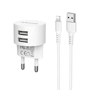 Сетевое зарядное устройство Borofone BA23A Brilliant, 2USB, 2.4A, белый (04009), Lightning 8pin