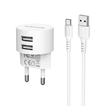 Сетевое зарядное устройство Borofone BA23A Brilliant, 2USB, 2.4A, белый (6931474704023), кабель USB Type C