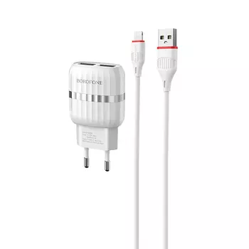 Сетевое зарядное устройство Borofone BA24A Vigour, 2USB, 2.1A, белый (6931474702715), Lightning 8pin