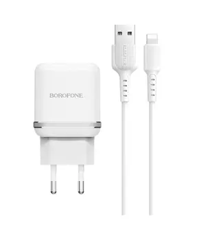 Сетевое зарядное устройство Borofone BA25A Outstanding, 2USB, 2.4A, белый (6931474704184), Lightning 8pin