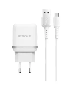 Сетевое зарядное устройство Borofone BA25A Outstanding, 2USB, 2.4A, белый (6931474704207), кабель microUSB