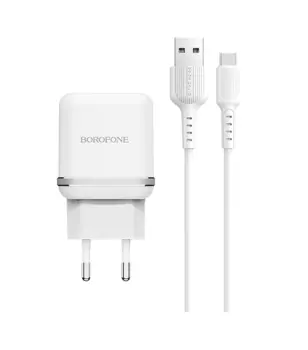 Сетевое зарядное устройство Borofone BA25A Outstanding, 2USB, 2.4A, белый (6931474704221), кабель USB Type C