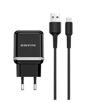 Сетевое зарядное устройство Borofone BA25A Outstanding, 2USB, 2.4A, черный (6931474704214), кабель USB Type C
