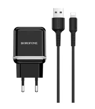 Сетевое зарядное устройство Borofone BA25A Outstanding, 2USB, USB, 2.4A, черный (6931474704177), Lightning 8pin