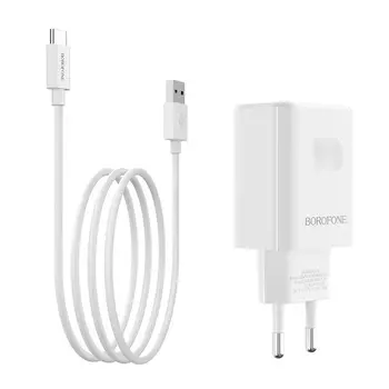 Сетевое зарядное устройство Borofone BA32A Bright power 18W, 1USB, Quick Charge, 3A, белый (6931474708366), кабель USB Type C