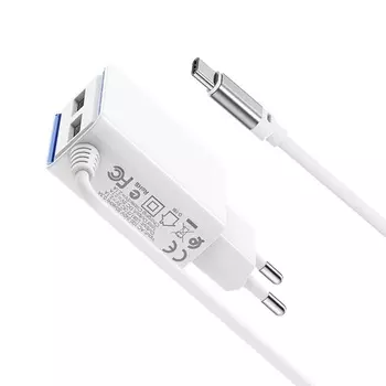 Сетевое зарядное устройство Borofone BA35A Brilliant, 2USB, 2.1A, белый (6931474715357), кабель USB Type C