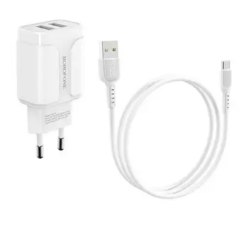 Сетевое зарядное устройство Borofone BA37A Speedy 12W, 2USB, 2.4A, белый (16095), кабель USB Type C