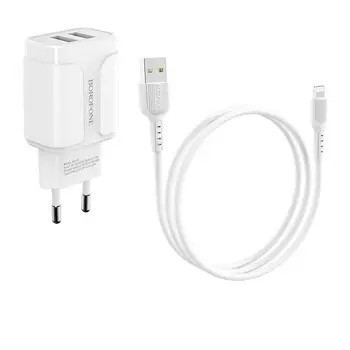 Сетевое зарядное устройство Borofone BA37A Speedy 12W, 2USB, 2.4A, белый (6931474716071), Lightning 8pin