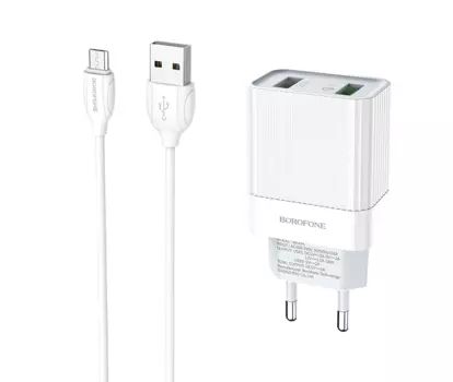Сетевое зарядное устройство Borofone BA39A Speedway 18W, 2USB, Quick Charge, 3A, белый (6931474723390), кабель microUSB