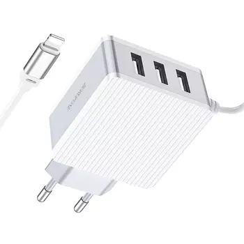 Сетевое зарядное устройство Borofone BA42A Joyful, 3USB, 2.4A, белый (26056), Lightning 8pin