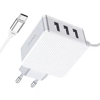 Сетевое зарядное устройство Borofone BA42A Joyful, 3USB, 2.4A, белый (6931474726070), кабель USB Type C