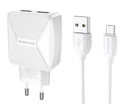 Сетевое зарядное устройство Borofone BA45A Max, 2USB, 2.4A, белый (26377), кабель microUSB