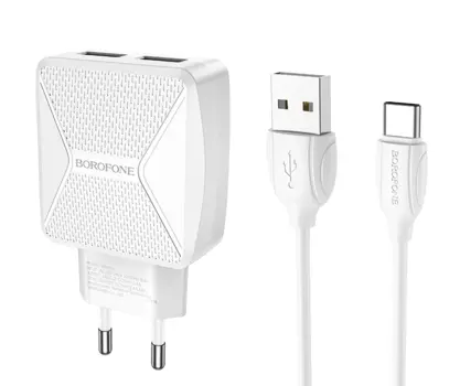 Сетевое зарядное устройство Borofone BA45A Max, 2USB, 2.4A, белый (6931474726384), кабель USB Type C