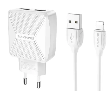 Сетевое зарядное устройство Borofone BA45A Max, 2USB, 2.4A, белый, Lightning 8pin