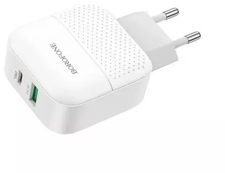 Сетевое зарядное устройство Borofone BA46A 15 Вт, USB, USB type-C, Quick Charge, PD, 3А, белый, кабель Lightning/Type-C