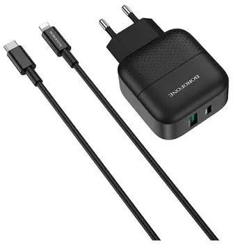 Сетевое зарядное устройство Borofone BA46A 15W, USB, USB type-C, Quick Charge, PD, 1.5A, черный, Lightning/Type-C