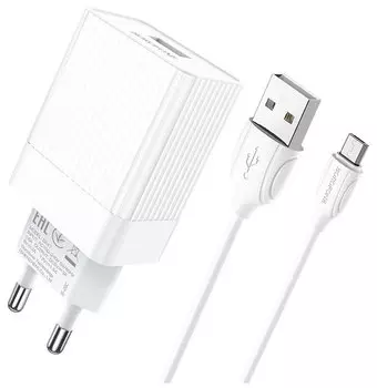 Сетевое зарядное устройство Borofone Mighty BA47A, 18 Вт, USB, USB Type-C, Quick Charge, 3А, белый (6931474728302), кабель microUSB