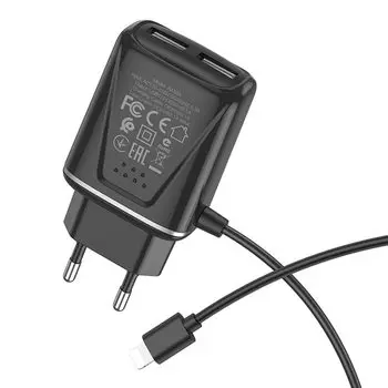 Сетевое зарядное устройство Borofone BA50A Beneficence, 2USB, 2.1A, черный (30152), Lightning 8pin