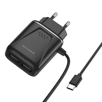 Сетевое зарядное устройство Borofone BA50A Beneficence, 2USB, 2.1A, черный (30190), кабель USB Type C