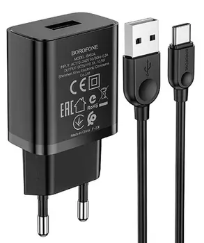 Сетевое зарядное устройство Borofone BA52A 10.5W, USB, 2.1A, черный, USB Type C 1м