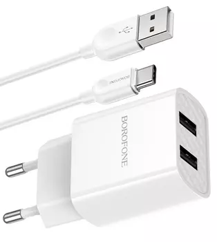 Сетевое зарядное устройство Borofone BA53A 10W, 2USB, 1.5A, белый, кабель USB Type C