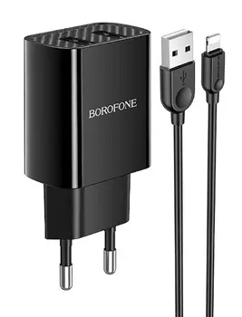 Сетевое зарядное устройство Borofone BA53A 15W, 2USB, 1.5A, черный, кабель Lightning
