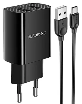 Сетевое зарядное устройство Borofone BA53A Powerway 10W, 2USB, 1.5A, черный, кабель USB Type C