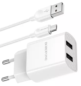 Сетевое зарядное устройство Borofone BA53A Powerway 15W, 2USB, 1.5A, белый, кабель microUSB