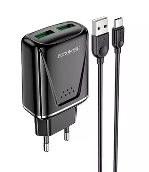 Сетевое зарядное устройство Borofone BA54A Wide 10W, 2USB, Quick Charge, 1.5A, черный, кабель microUSB