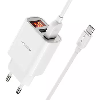 Сетевое зарядное устройство Borofone BA58A Mighty, 2xUSB, 2.4A, белый (207924), кабель microUSB