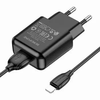 Сетевое зарядное устройство Borofone BA64A, USB, 2.1A, черный (6974443383843), Lightning 8pin