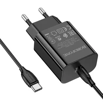Сетевое зарядное устройство Borofone BA65A PD20W 20Вт, USB type-C, Quick Charge, PD, 3A, черный (213518), кабель USB Type C