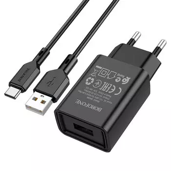 Сетевое зарядное устройство Borofone BA68A Glacier, USB, 2.1A, черный (6974443385724), кабель USB Type C