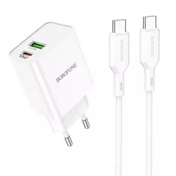 Сетевое зарядное устройство Borofone BA69A 20 Вт, 2xUSB type-C, 3A, белый (6974443387889), кабель USB Type C